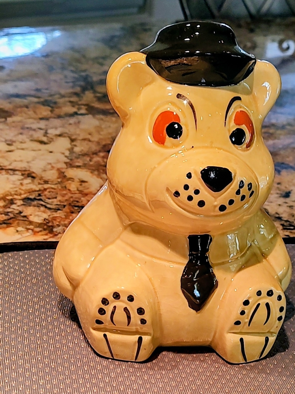 Yellow Ceramic Bear Planter with Black Hat and Tie